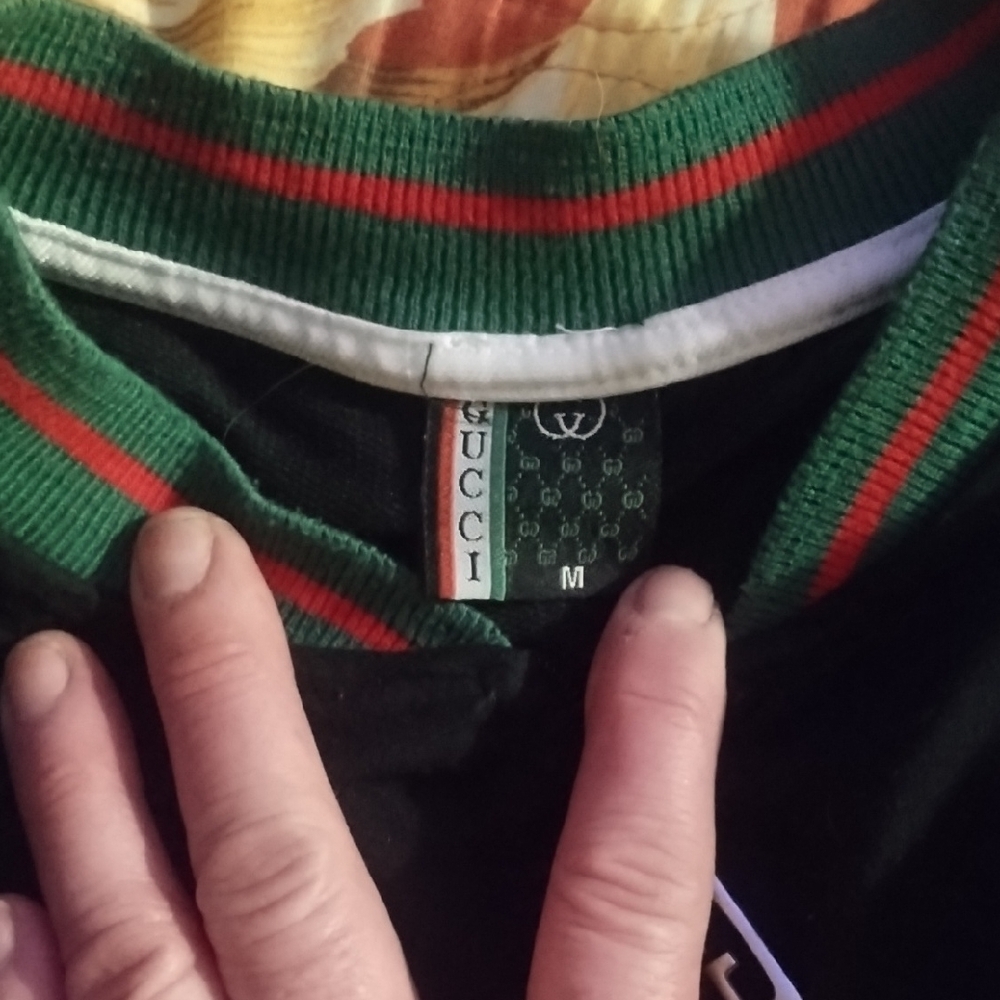 Gucci Black  Zippered Cardigan with Green Striped Collar and leggings